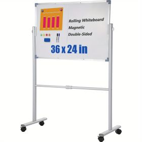 36x24 Inch Mobile Whiteboard Double Sided Magnetic 360 Degree Rotating Adjustable Height Locking Wheels Aluminum Frame for Office School Home