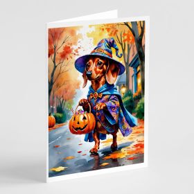 Red Dachshund Halloween Trick or Treat Greeting Cards Pack of 8 Blank Cards with Envelopes Whimsical A7 Size 5x7