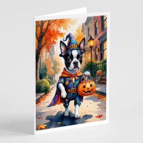 Boston Terrier Halloween Trick or Treat Greeting Cards Pack of 8 Blank Cards with Envelopes Whimsical A7 Size 5x7