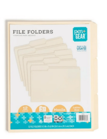 Pen+Gear Manila File Folders, Letter Size, 3 Tab Positions, 12 Count