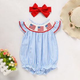 Baby Girls Independence Day Outfit 4th Of July American Flag Embroidery Smocked Bubble Romper With Headband (Option: Blue-12to18 Months)