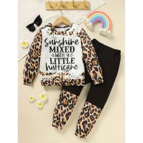Toddler Girls Fall Winter Outfits Leopard Letter Print Crewneck Long Sleeve Sweatshirt Top & Sweatpant 2 Piece Clothing Set (Option: Brown-8Y)