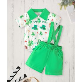 Newborn Baby Boy St. Patrick's Day Clothes Short Sleeve Clover Print Romper & Suspenders Pant 2Pcs Casual Clothes Set (Option: Green-9to12 Months)