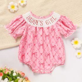 Baby Girl's Bowknot Graphic Print Romper, Daddy's Girl Letter Print Triangle Jumpsuit With Bubble Sleeves (Option: DADDYS GIRL-0to3 Months)