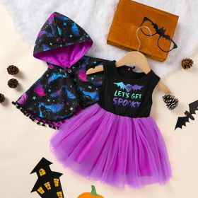 Little Girls 2Pcs Halloween Outfits Sleeveless Tulle Dress With Hooded Cloak Set Clothes (Option: Black-6Y)