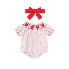 Newborn Baby Girls' Valentine's Day Smocked Romper Short Sleeve Heart Embroidery Jumpsuit Casual Cute Romper (Option: Pink-0to3 Months)