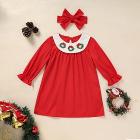 Toddler Kids Baby Girls Christmas Dress Christmas Wreath Embroidered Party Dresses With Headband (Option: Red-3to6 Months)