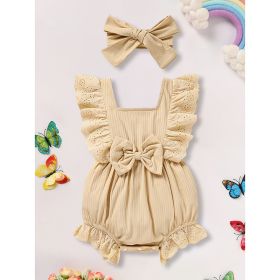 Infant Baby Girl Solid Color Square Neck Bow Onesie & Headband Adorable Summer Outfit (Option: Beige-6to9Months)